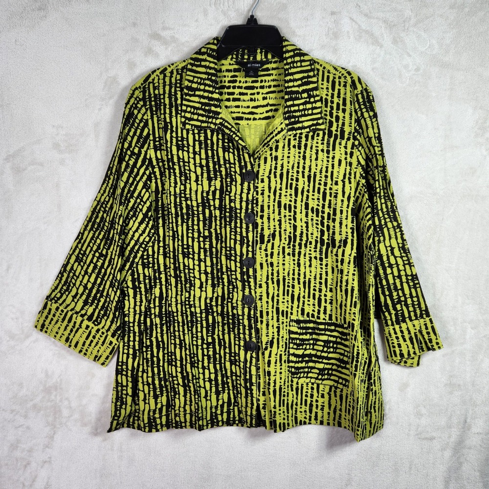 Ali Miles Button Front Blouse Womens XL Citron Green Black Abstract Artistic NWT